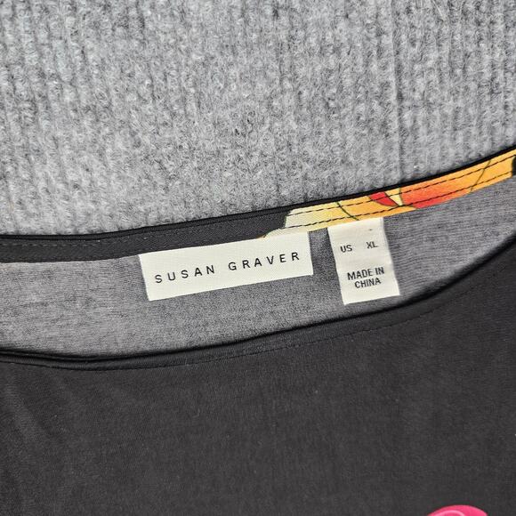 Susan Graver Shirt Womens XL Black Floral Bell Sleeve Liquid Knit Going Out - Picture 4 of 9